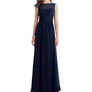 Bill Levkoff Navy Mesh Neckline Ruched Bridesmaid Gown Style 1114 Size 2